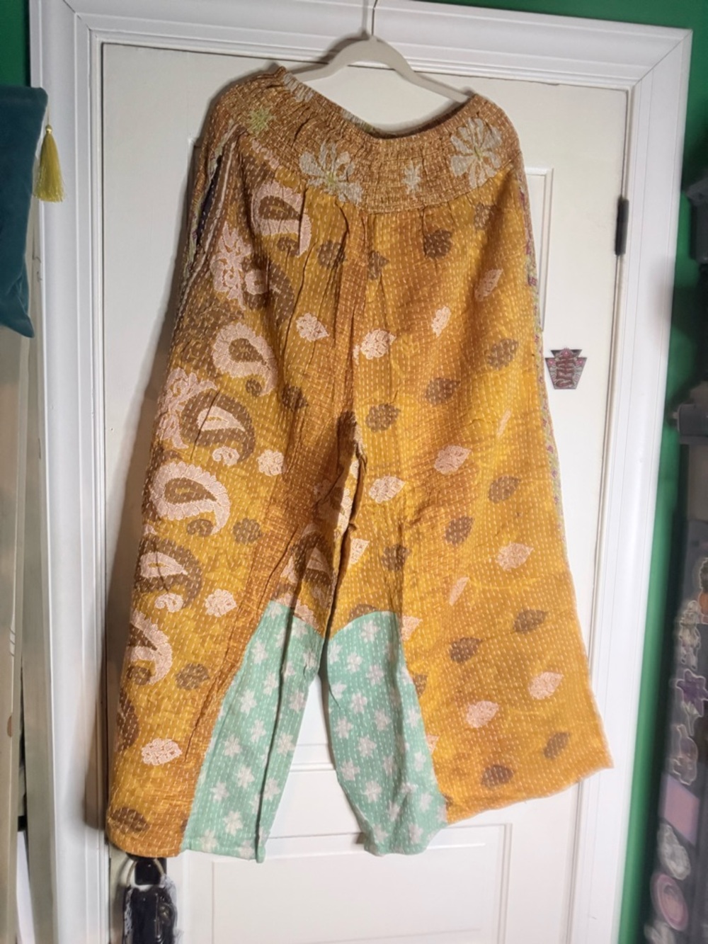 Kantha Bae Synergy Side Solit Pants Wide-Leg in Mustard Yellow with Mint Patch
